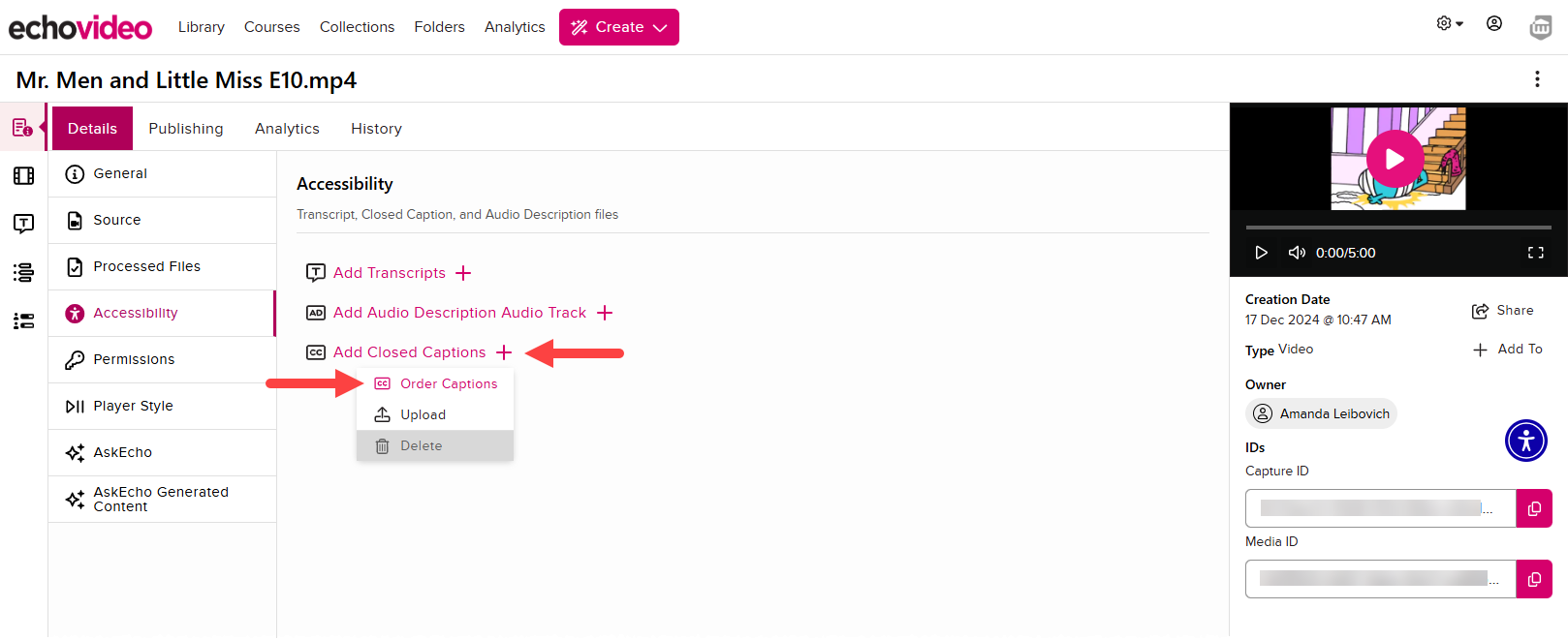 Instructor Media Details Page with open caption menu identified as described