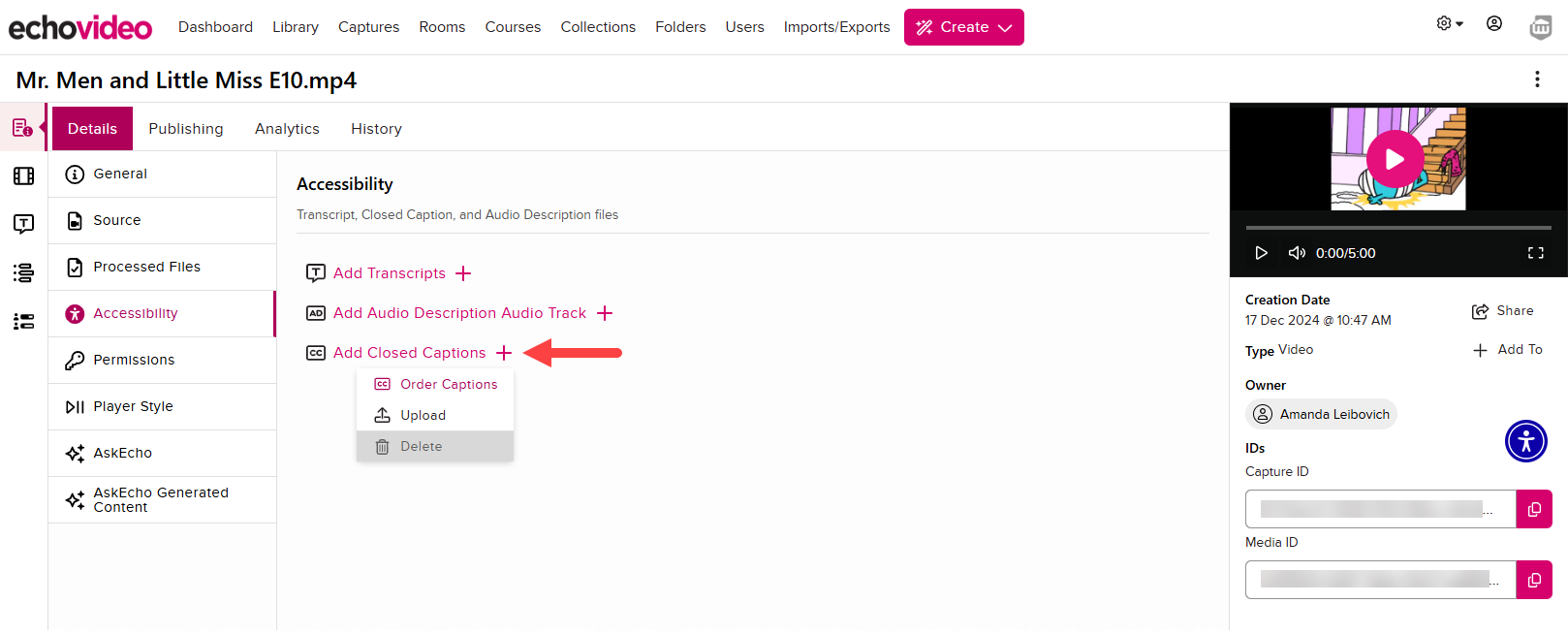Administrator captions drop-down menu with options as described