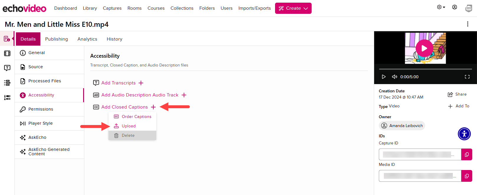 Media details page for completed capture with Add captions options identified as described