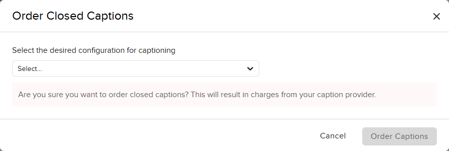 Order Closed Captions window with configuration drop down identified