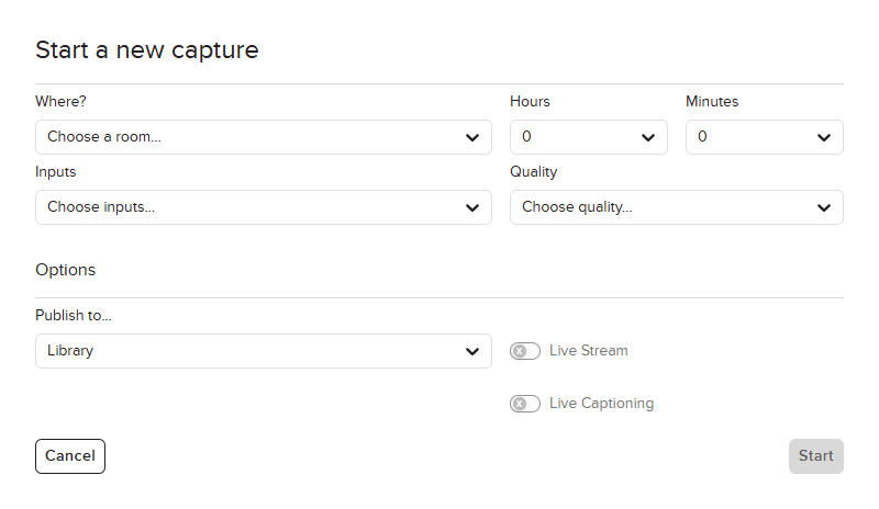 Start a new capture window with drop-down menus to select the room/device to record from, duration, quality, publish location, Live Stream, and Live Captioning option if publishing to a course