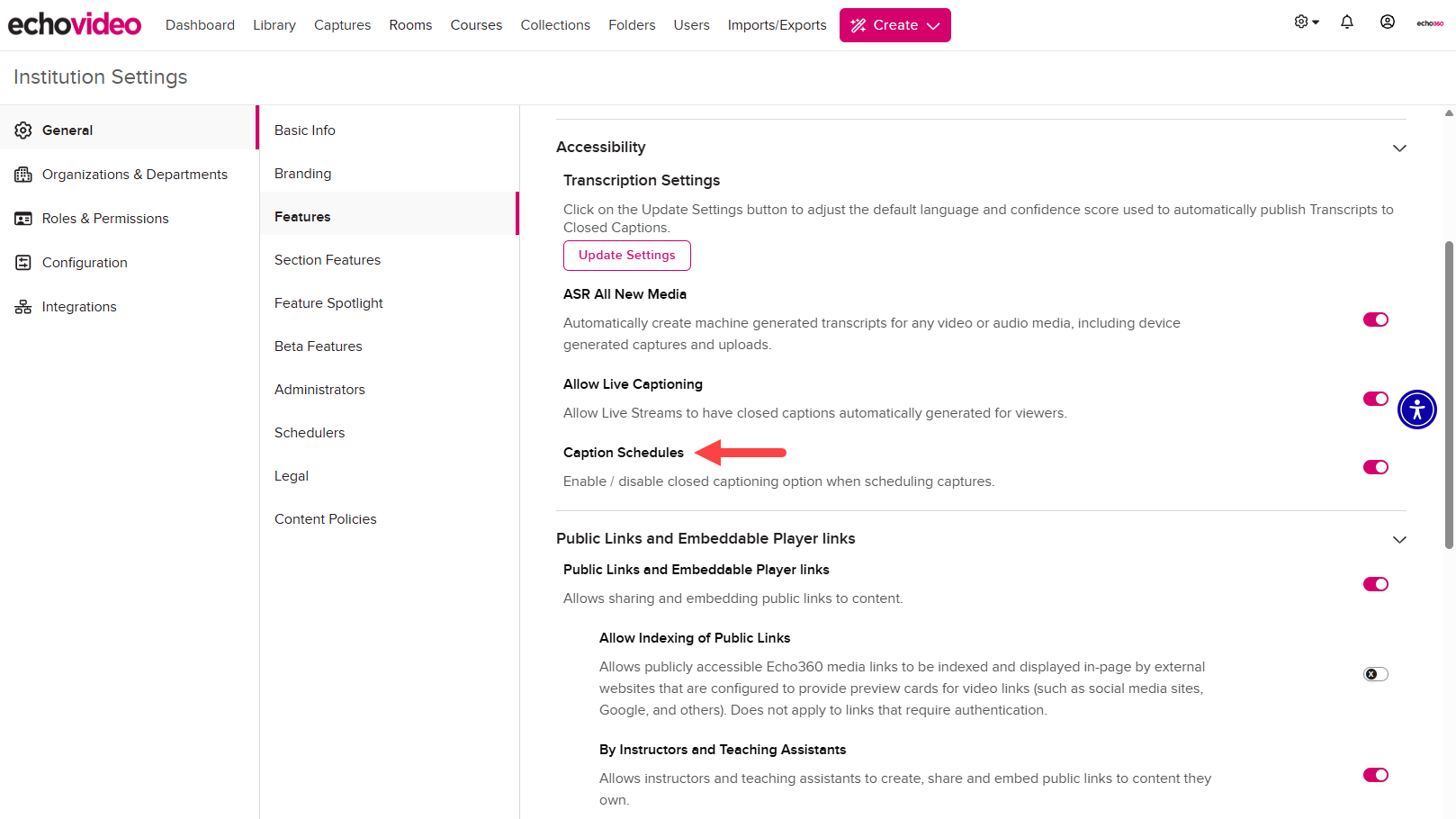 Captions Schedules option toggles in the list of Institution Feature settings with selections as described