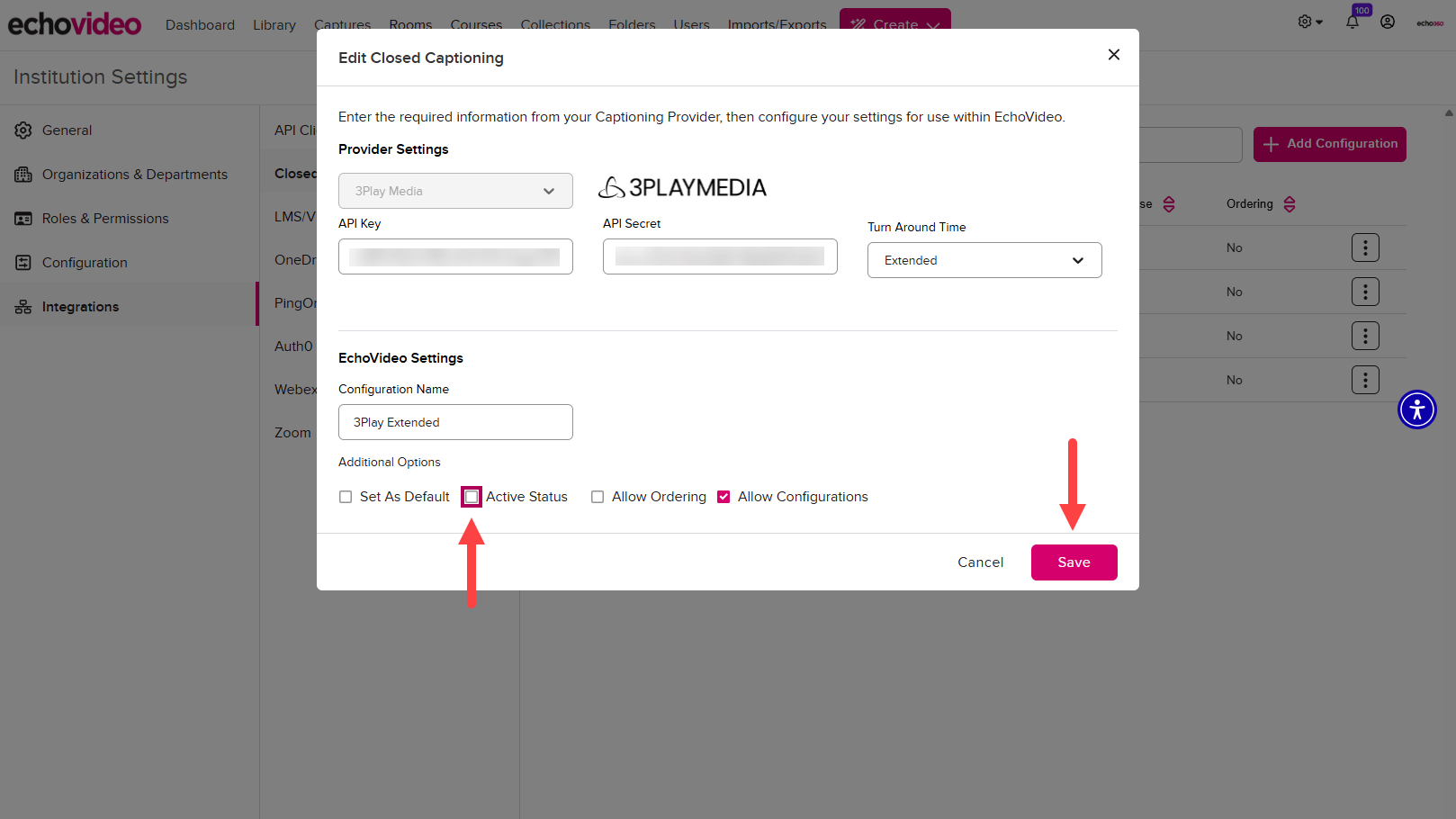Edit Closed Captioning modal open with Active Status box and Save button identified as described