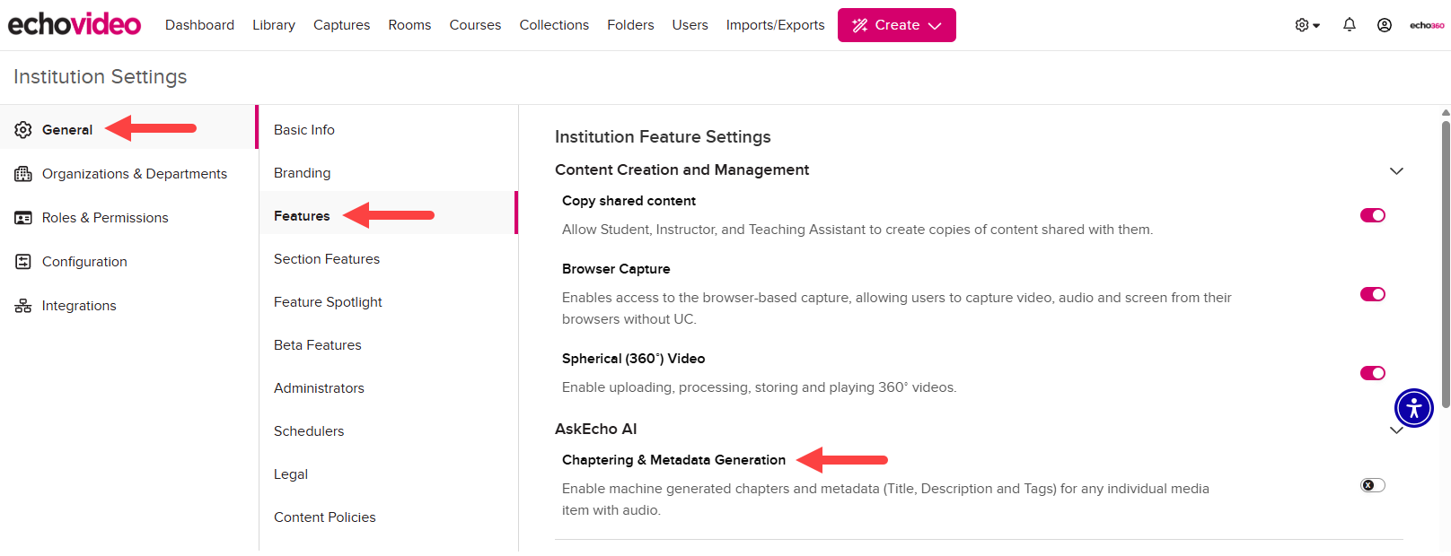 Institution Settings open to General, Feature Spotlight, with the Chaptering toggle identified as described