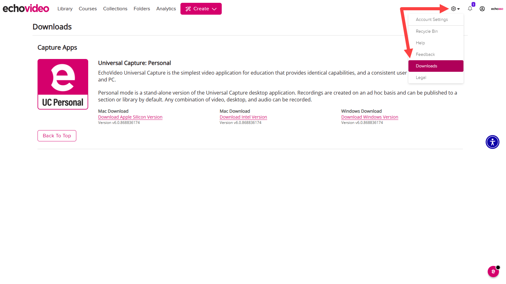 Downloads page for instructors with navigation identified and showing three download options for Universal Capture Personal as described