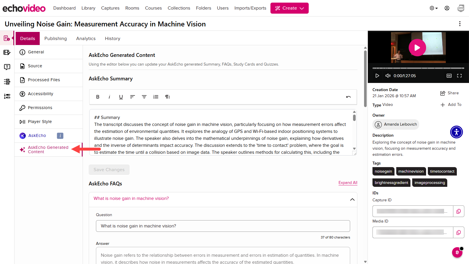 The AskEcho Generated Content tab showing the summary and AskEcho FAQs