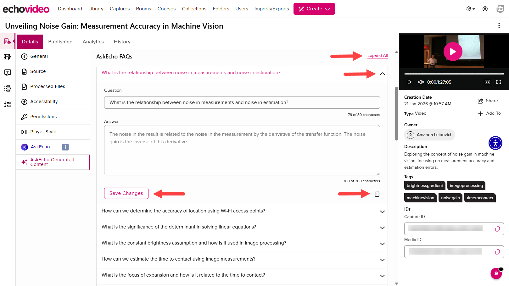 The AskEcho Generated Content tab showing an expanded FAQ summary and the available actions identified