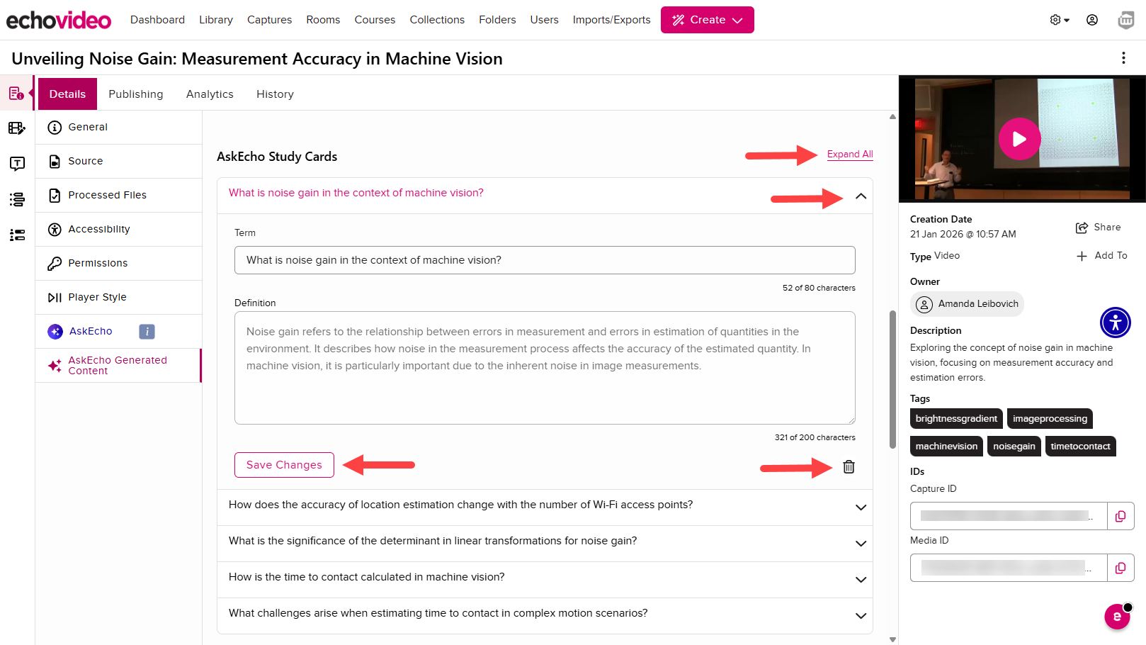 The AskEcho Generated Content tab showing an expanded Study Card and the available actions identified