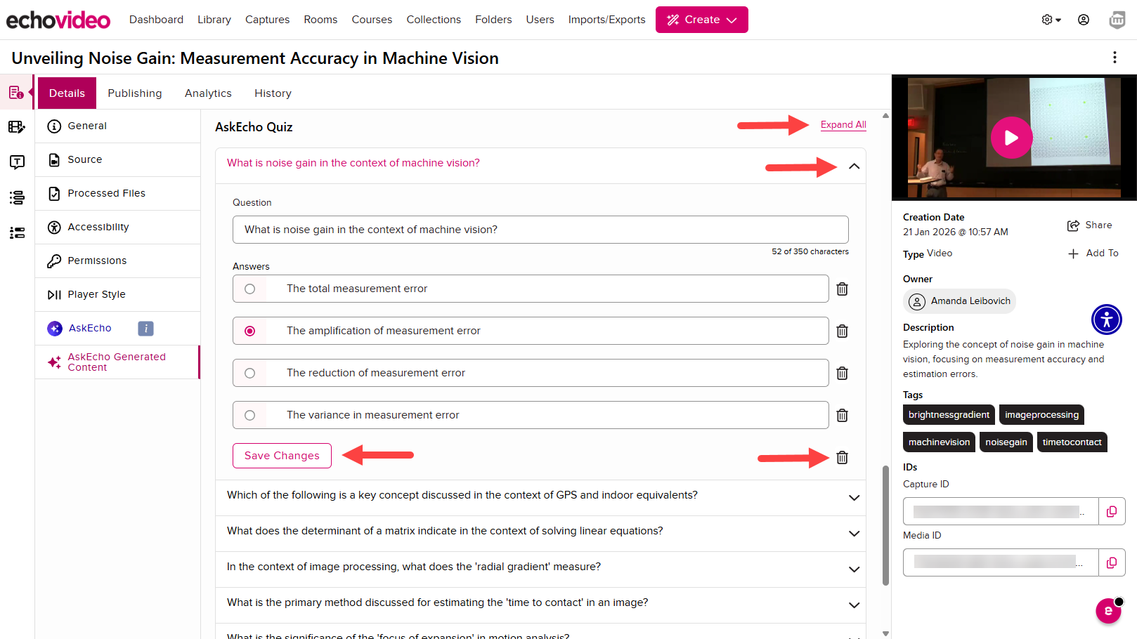 The AskEcho Generated Content tab showing an expanded Quiz and the available actions identified