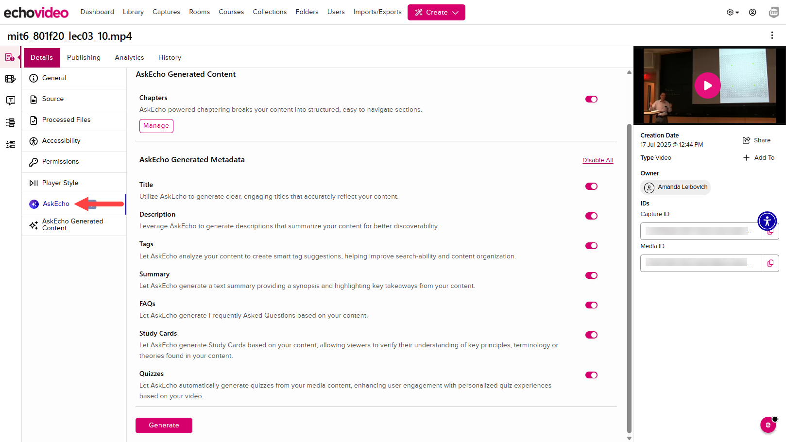 AskEcho menu of the Details tab under Media Details identified as described