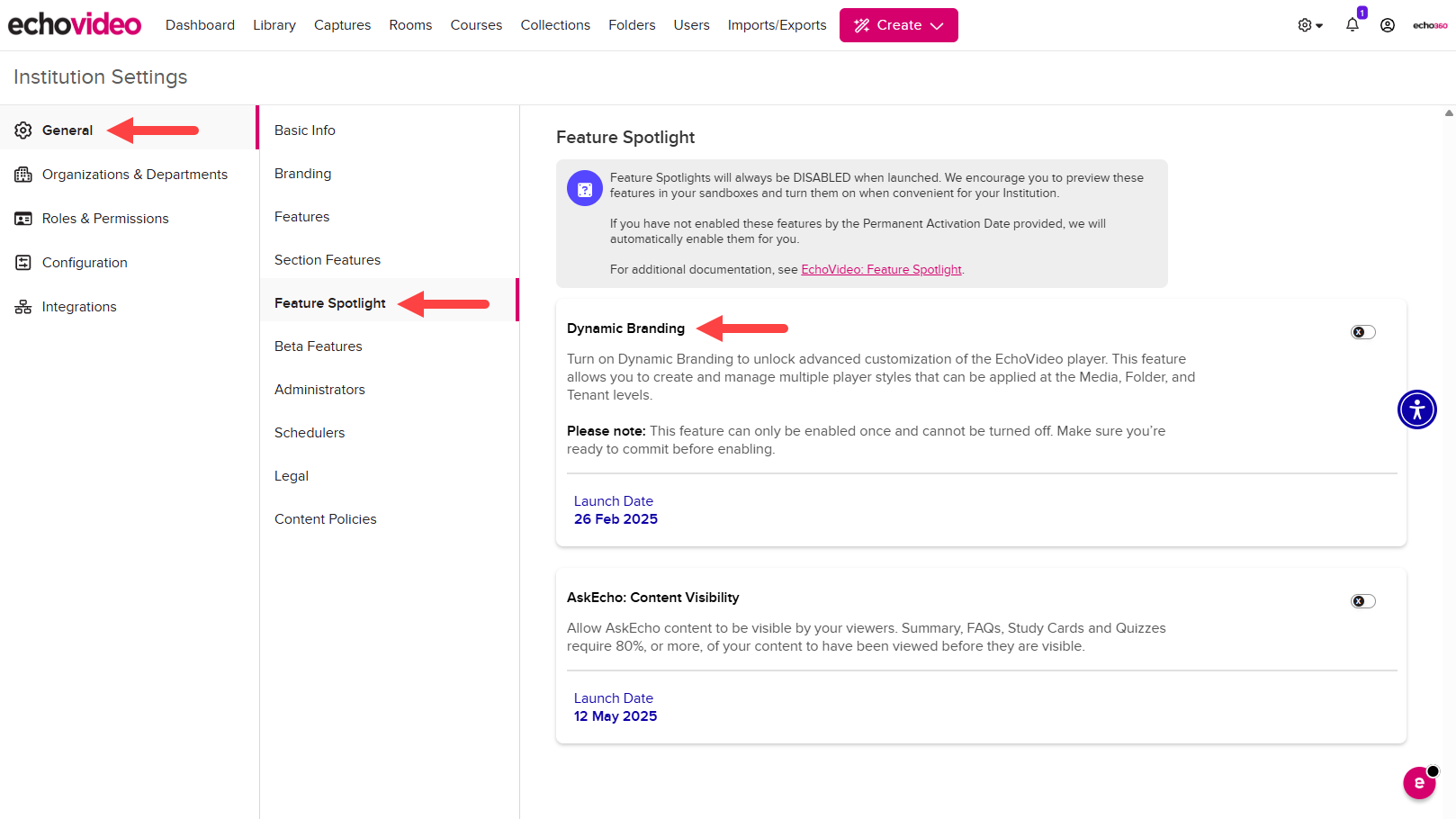 Institution Settings open to General, Feature Spotlight, with the Dynamic Branding Beta toggle identified as described