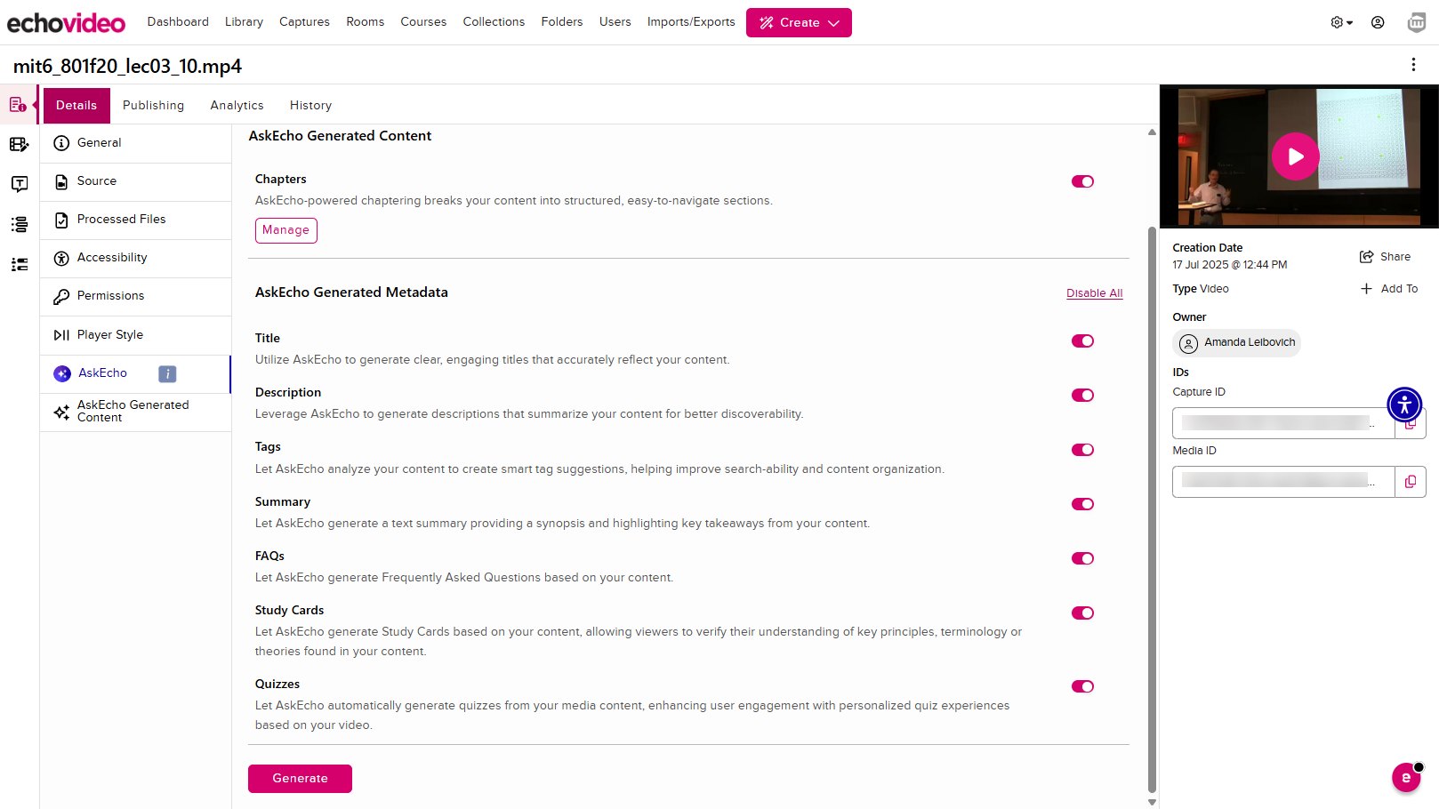 AskEcho tab showing all available options toggled on before clicking Generate All