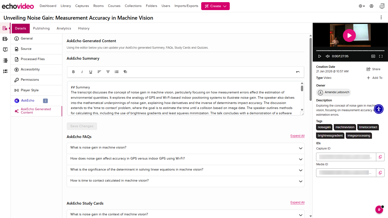AskEchoGenerated tab showing generated AskEcho Summary, AskEcho FAQs, and AskEcho Study
