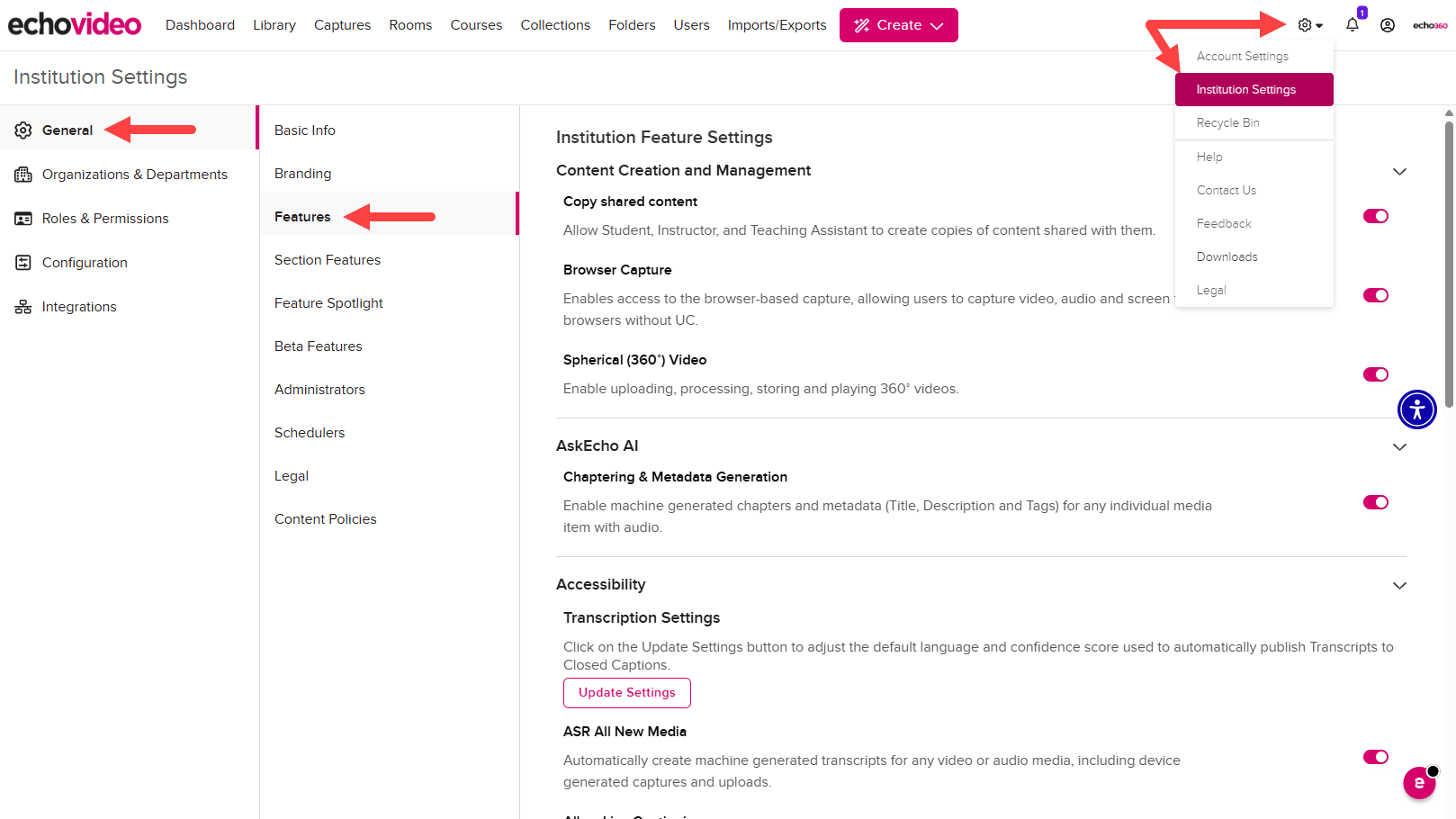 Institution Features showing Institution-level Features toggle page and navigation as described