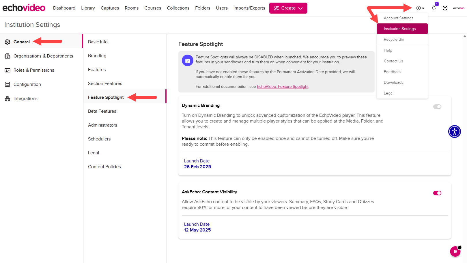 Institution Settings showing the Feature Spotlight page for an Organization