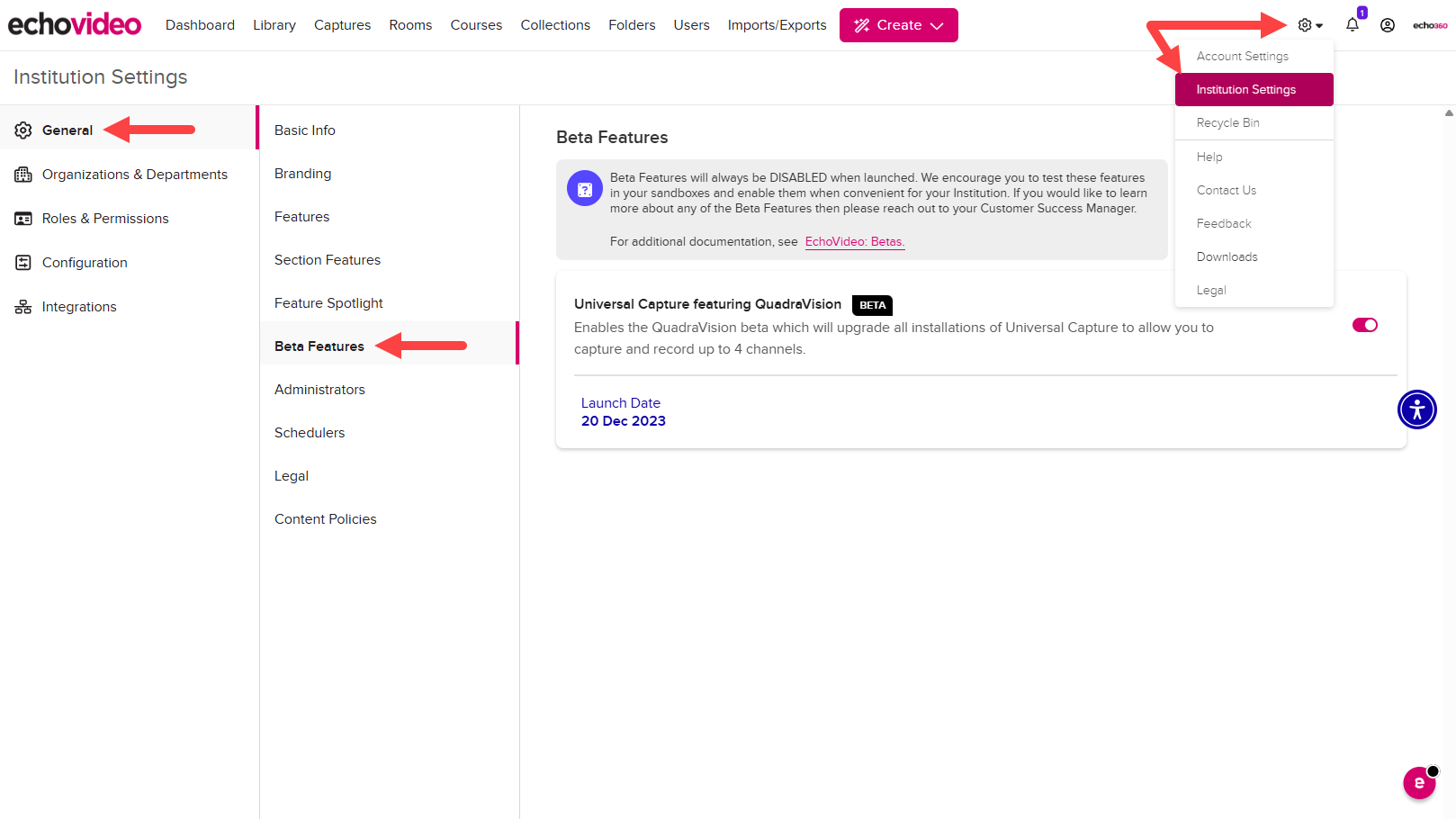 Institution Features showing Institution-level Beta Features toggle page and navigation as described