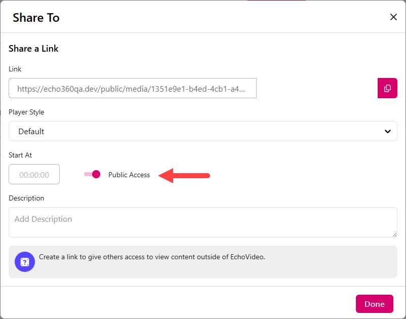 Link tab of the Share settings dialog box with new link created and public access toggle enabled as described
