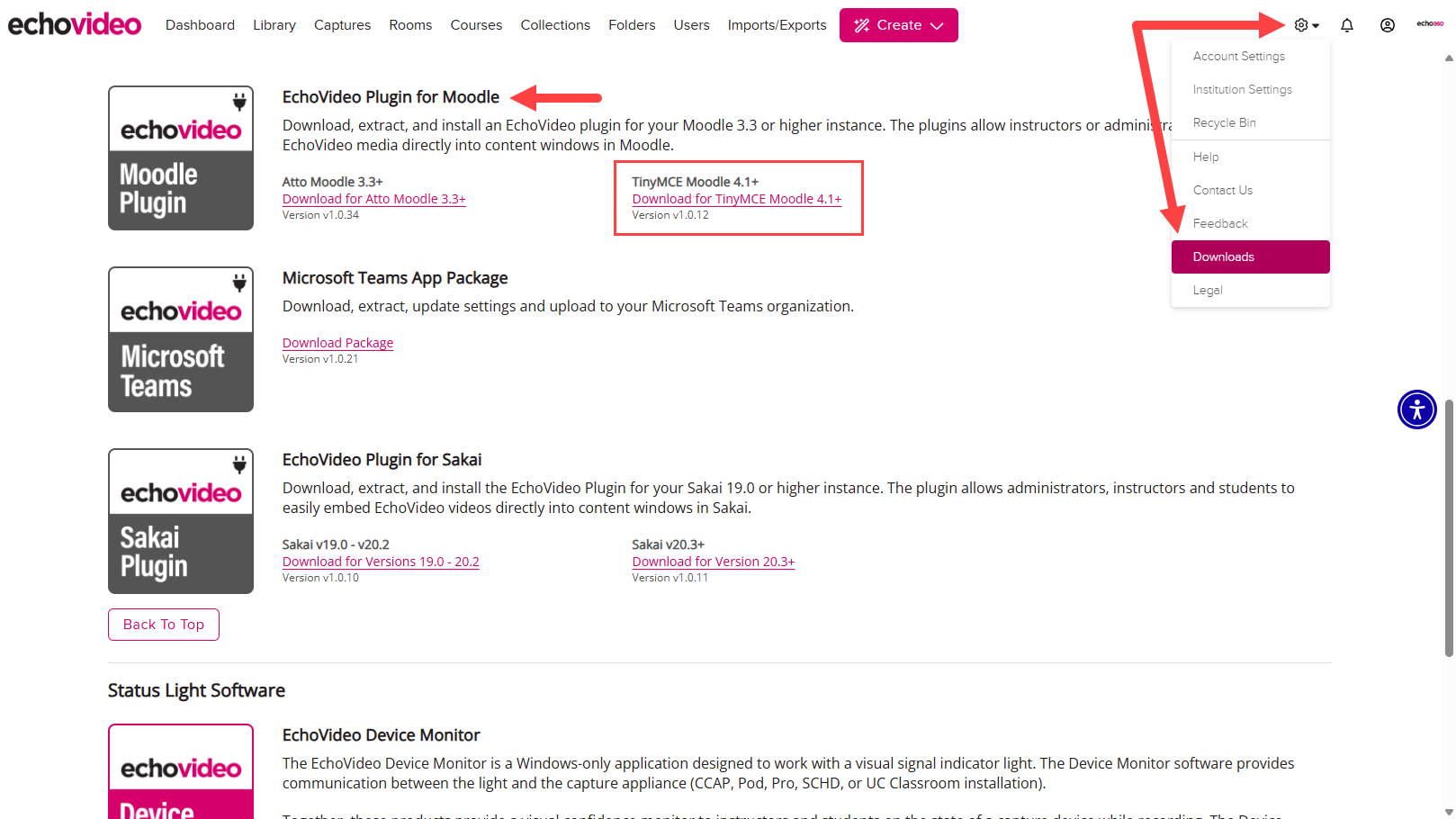 EchoVideo Admin screen with settings expanded. Downloads and the Moodle installer identified as described