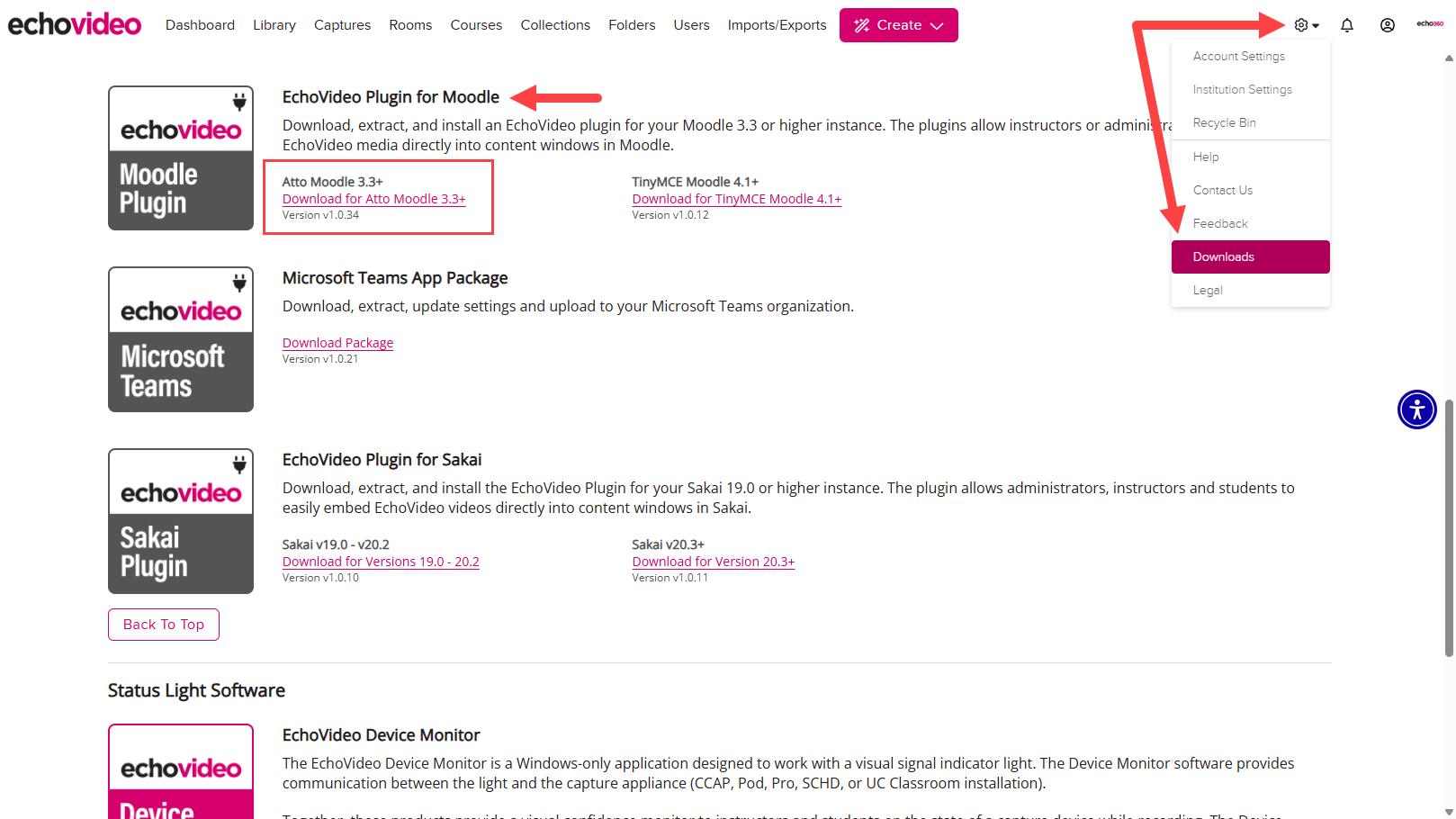 Admin Settings menu expanded. Downloads  and Atto Moodle plugin identified as described