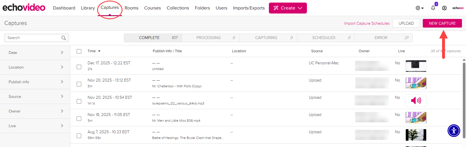 Administrator captures page in EchoVideo with New Capture button identified for steps as described