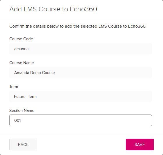Add LMS course dialog box completed with course names and section number completed and Term option available for selection for steps as described