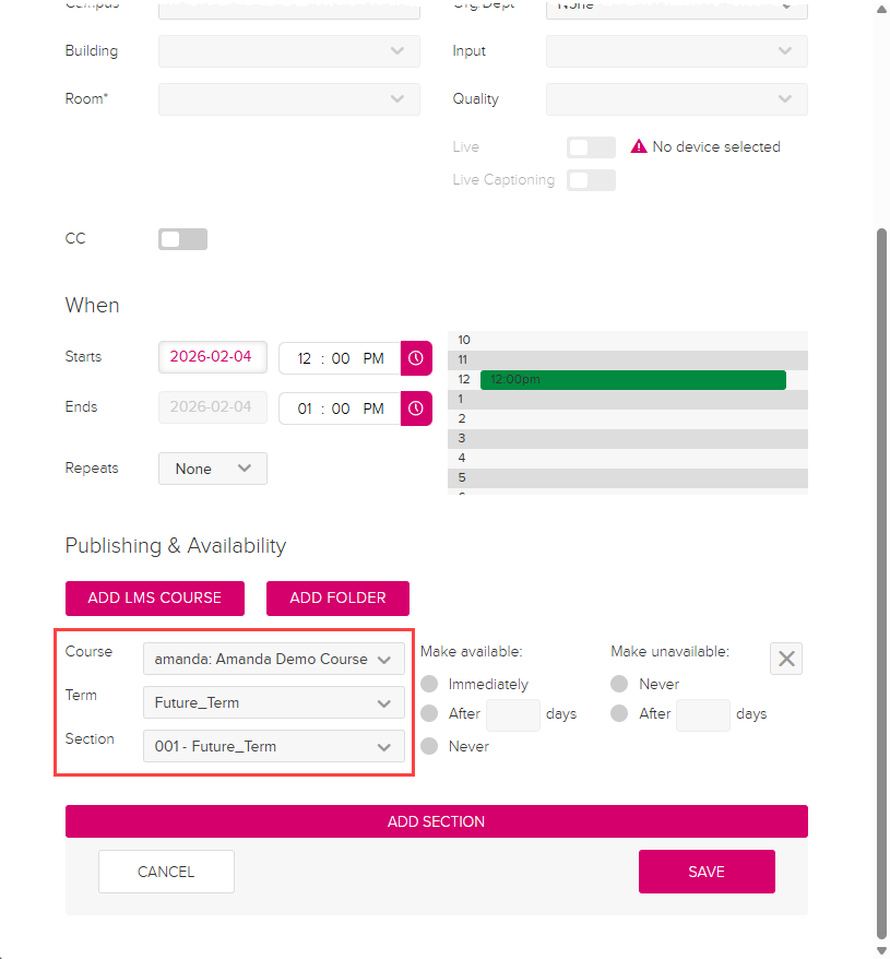 Capture scheduling dialog box with new Echo360 course and section showing in Publishing location area as described