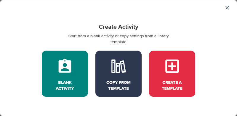 Create Activity modal showing the Blank Activity, Copy from Template, and Create a Template options as described