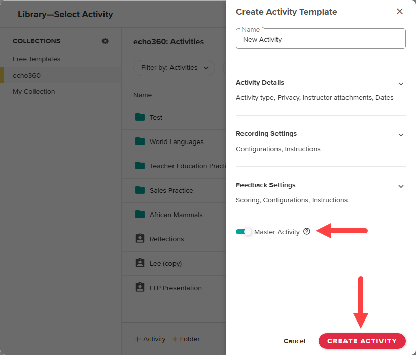 Create Activity Template showing Master Activity toggled on and CREATE AVAILABILITY button identified as described