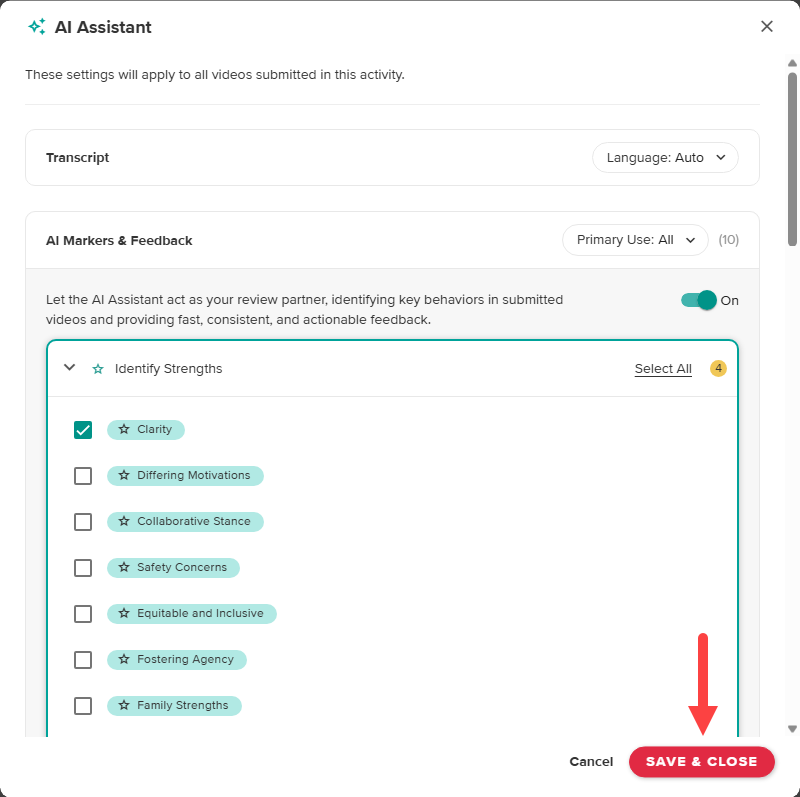 The AI Assistant modal with language set to Auto, AI Markers and Feedback set to Primary Use All, 10 markers selected and the Save and Close button identified as described