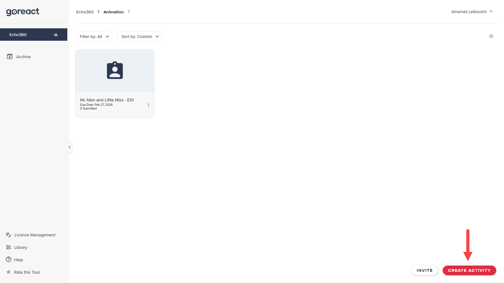 Folder in GoReact with Create Activity button identified as described