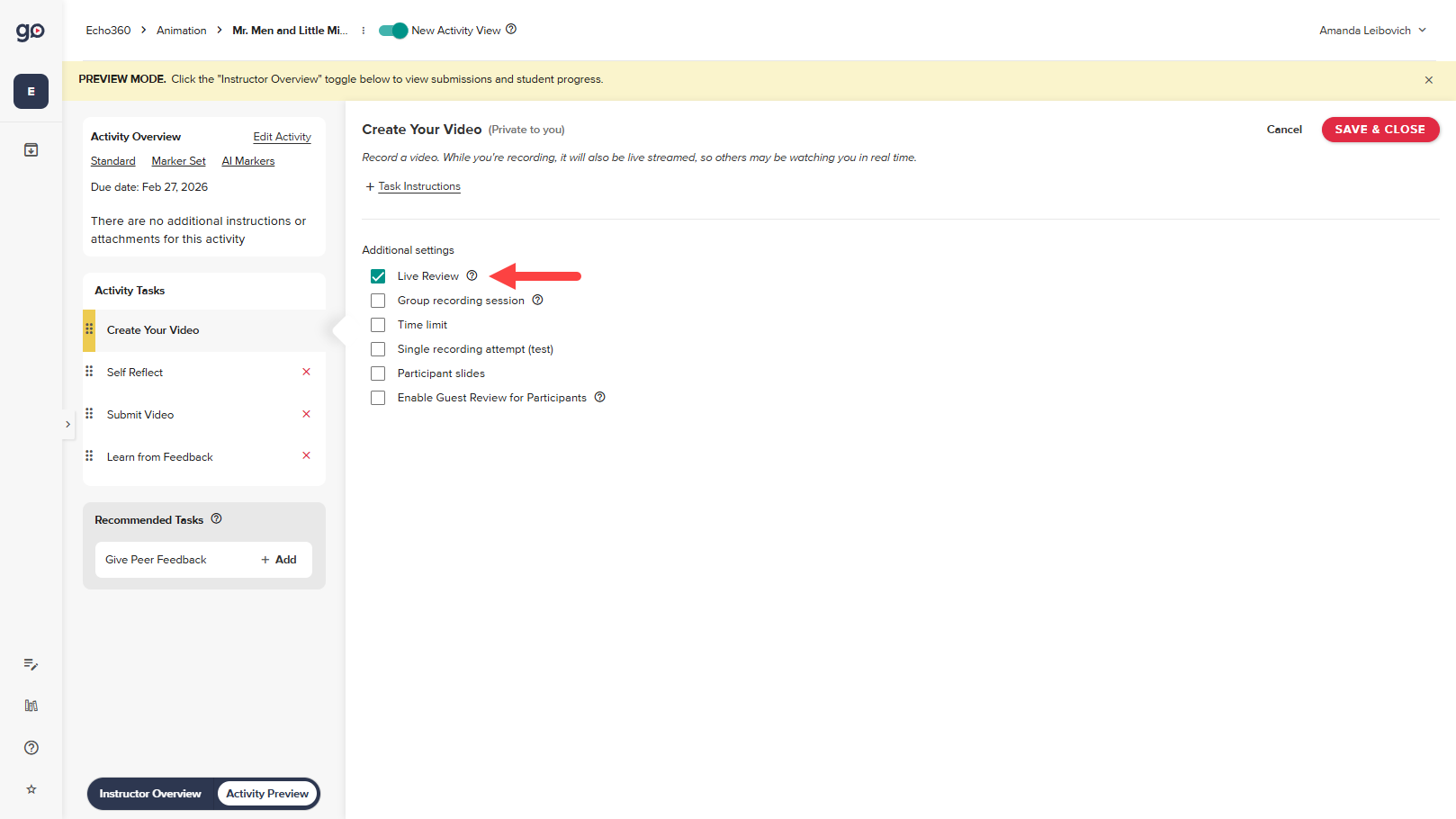 Edit Tasks screen showing Live Review selected as described