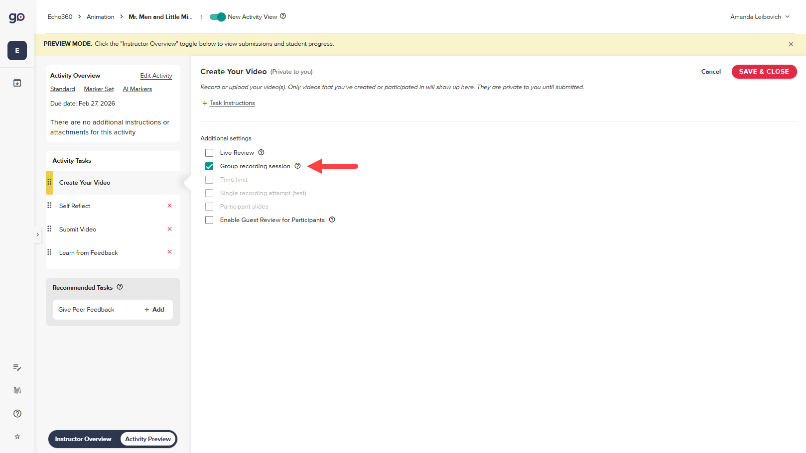 Edit Tasks screen showing Group recording session selected as described