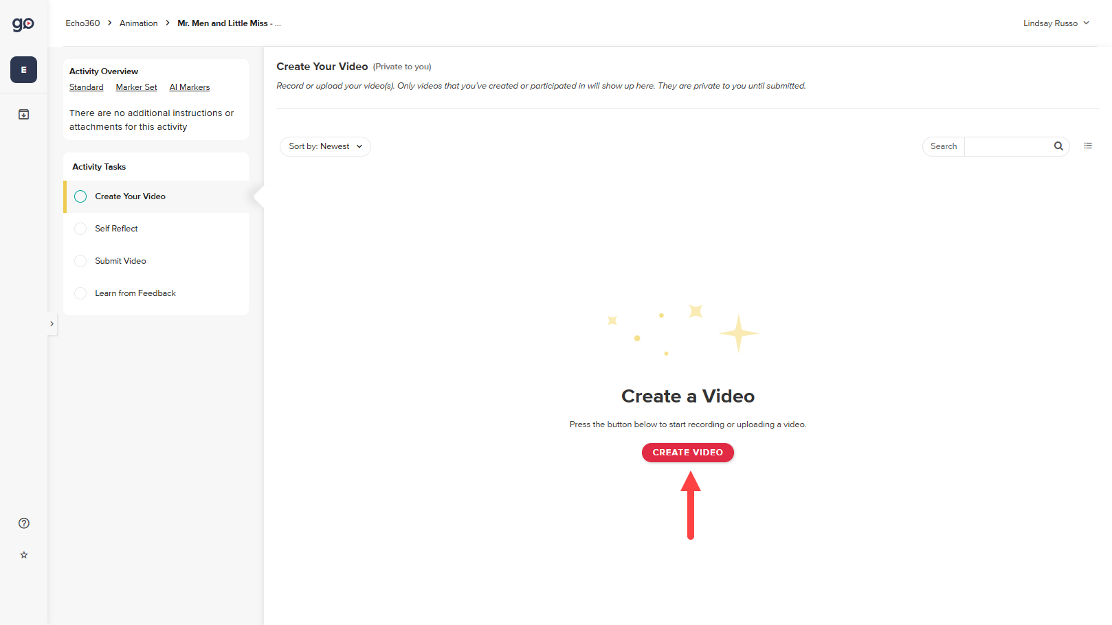 Activity Tasks displaying for a Standard Activity and the Create Video button identified as described