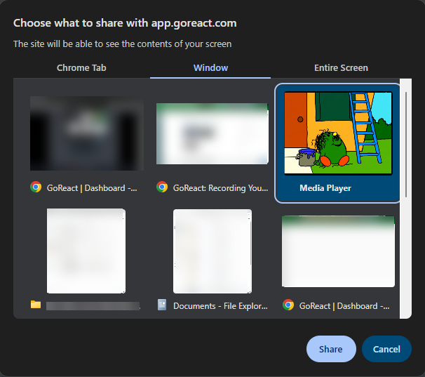 Screen Share Selection screen as described