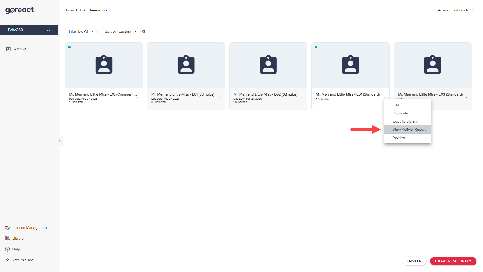 An activity showing the vertical action menu expanded and View Activity Report identified as described