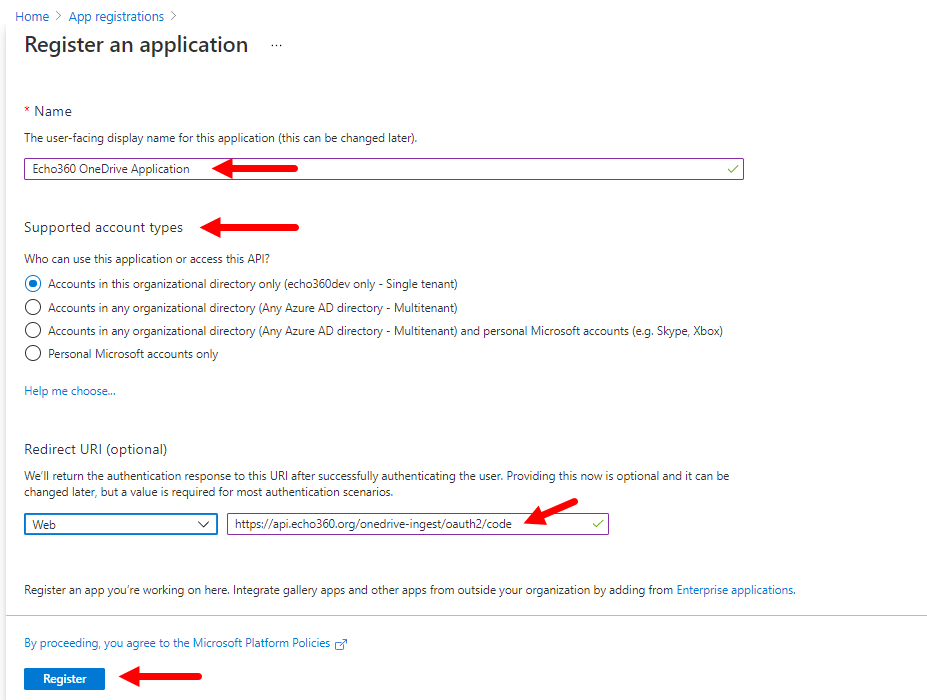 Register App page in Microsoft Azure with Redirect URI field identified as described
