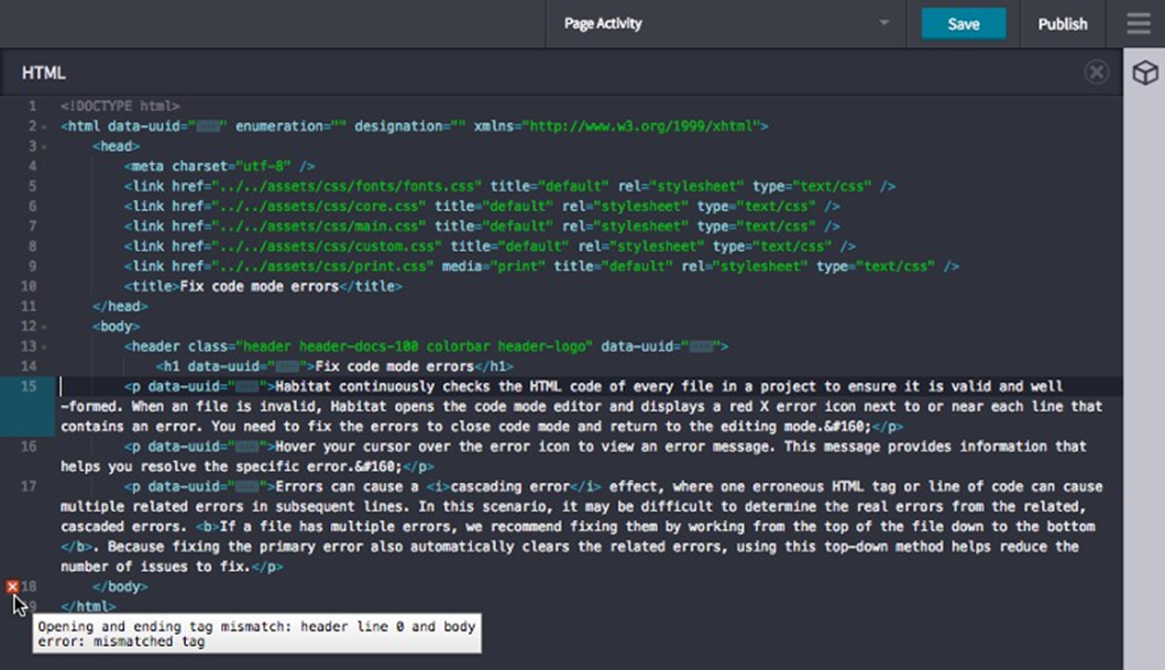 Error message in code mode