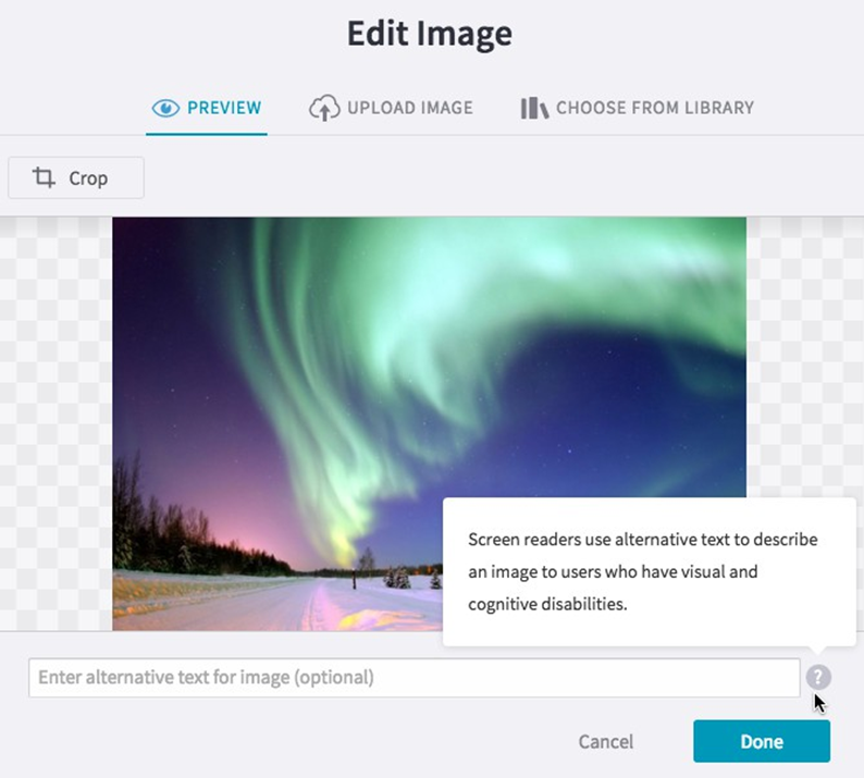 Initial view of the crop and alternative text functionality. This image shows the Alternative Text tooltip.