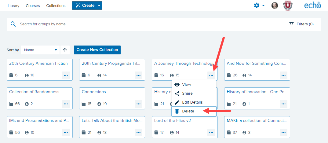 Collection tile menu open showing manager commands options including Delete for steps as described