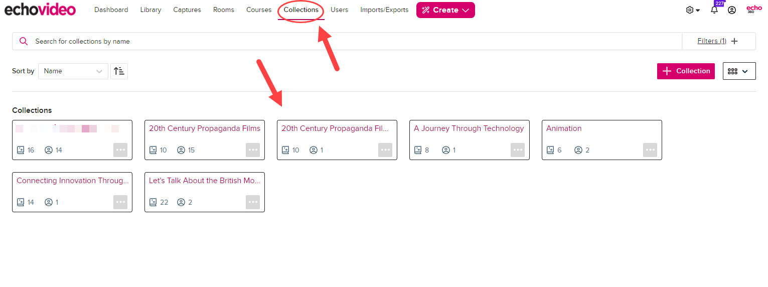 Administrator Collections tab with main menu navigation identified and page showing collections tiles for access as described