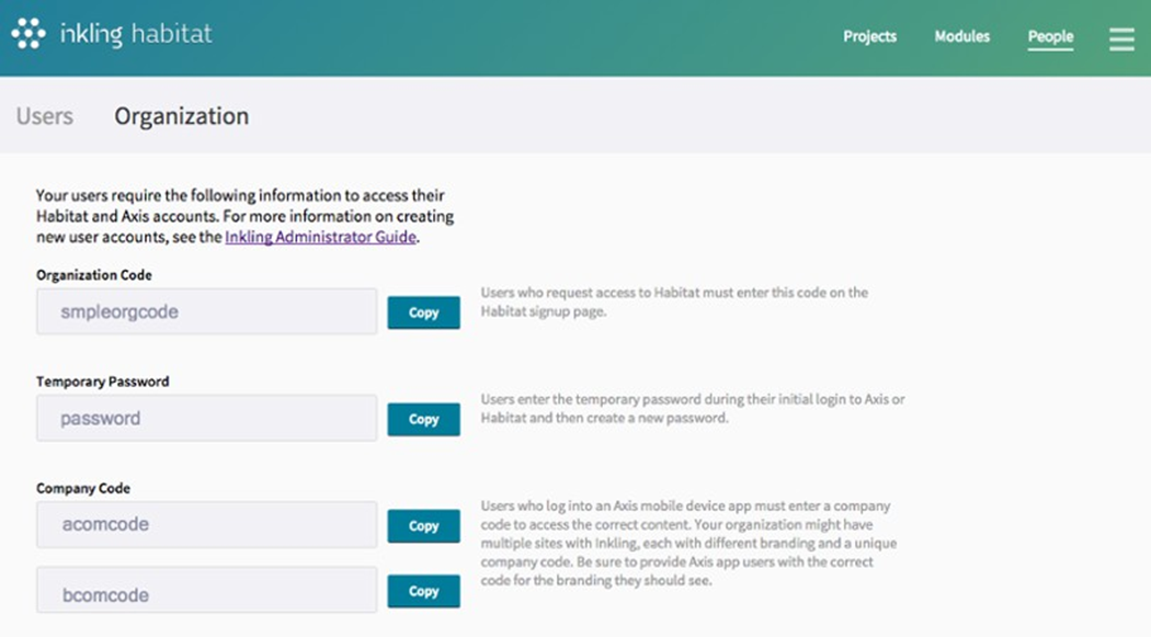 Organization window with read-only authentication information