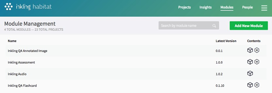 Initial view of the module dashboard