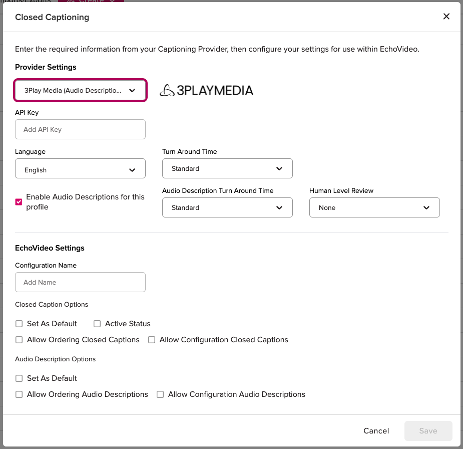 Closed Captioning modal showing 3Play Media in the Provider Settings dropdown