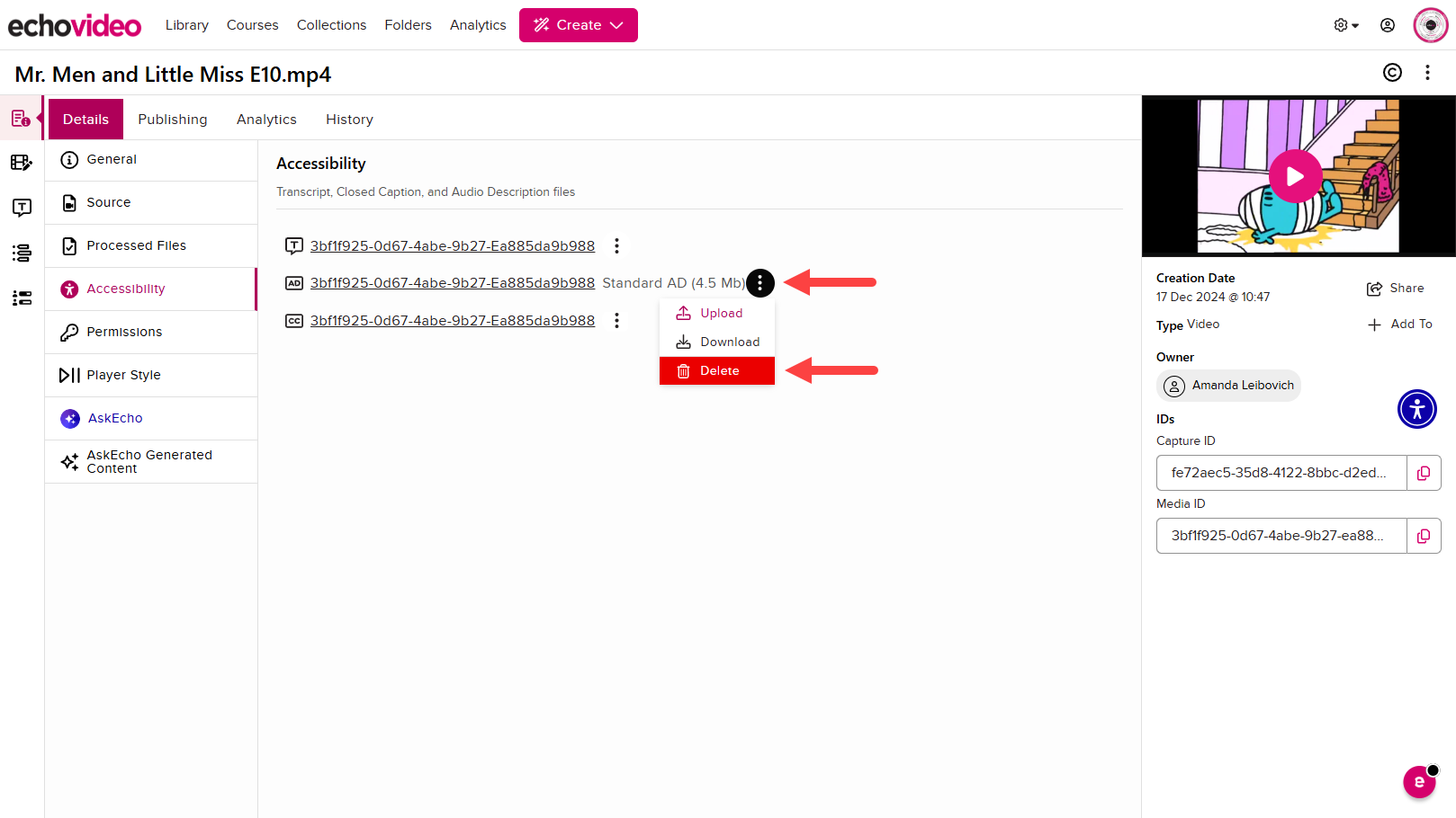 The Accessibility tab of the Details tab of the Media Details Page showing the vertical action menu of an Audio Description Track expanded and the Delete option selected as described