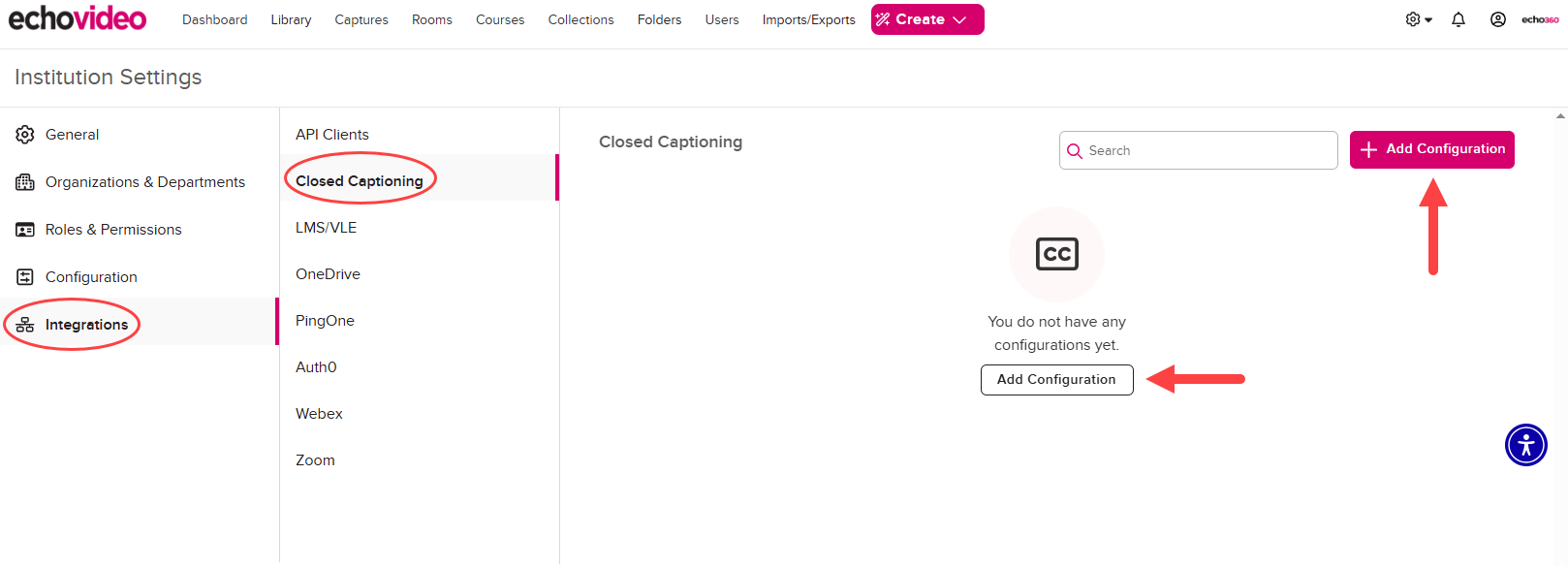 Institution Settings, Integrations, Closed Captioning navigation, and Add Configuration buttons identified as described