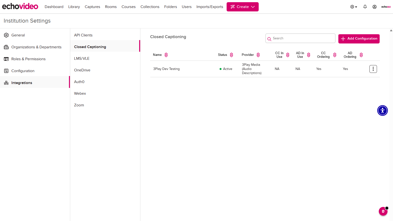 Institution Settings, Integration, Closed Captioning and 3Play Media automatic audio descriptions shown as described
