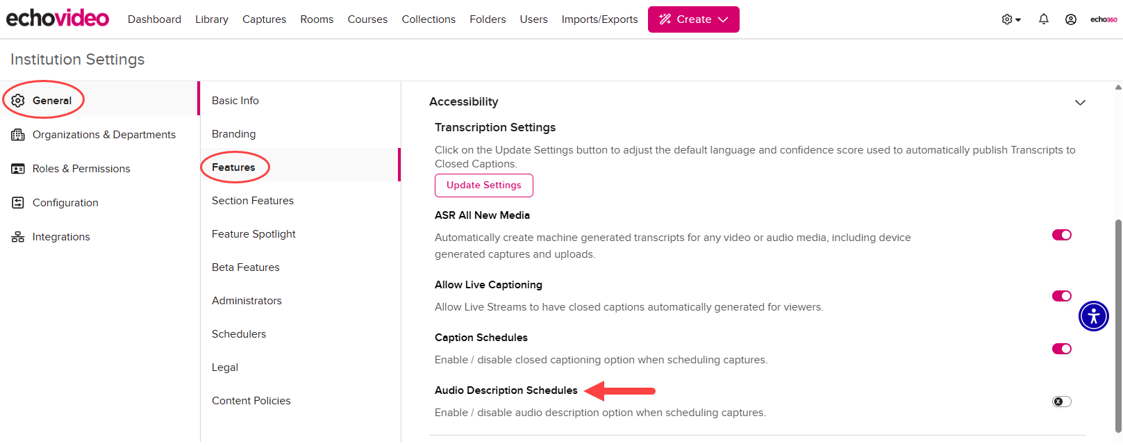 Institution Settings open to General and Features with the Audio Description Schedules toggle identified as described