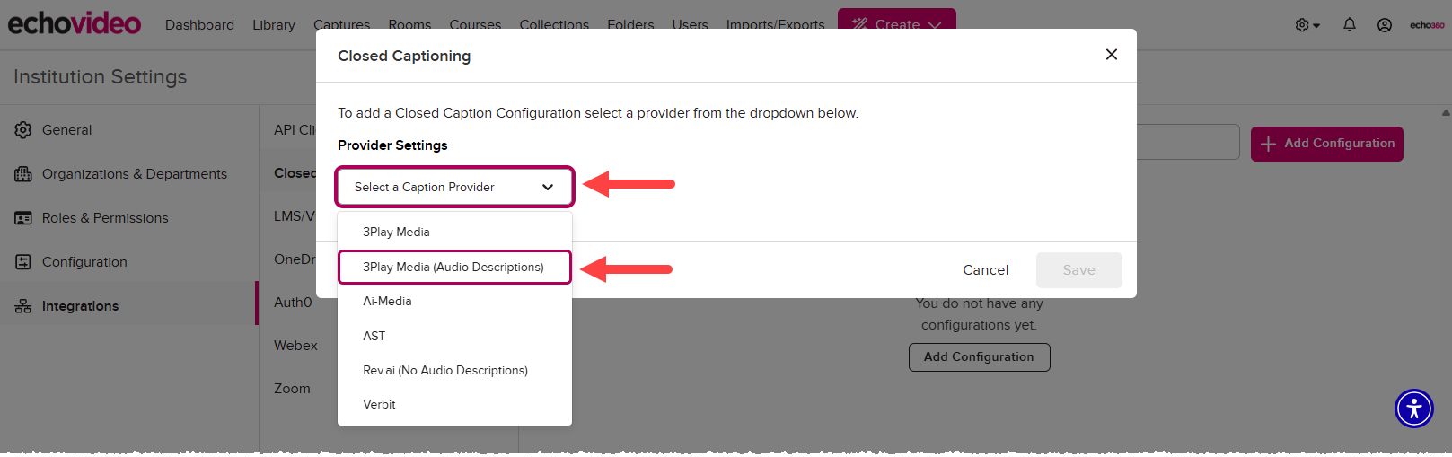Closed Captioning modal showing the provider dropdown open and all available providers displayed as described