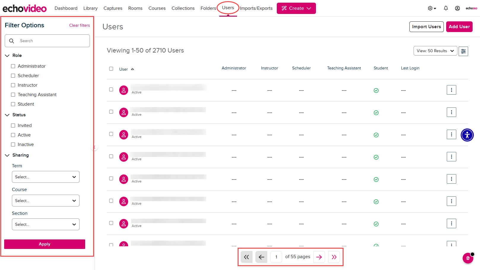 Users tab and Filter Options identified as described