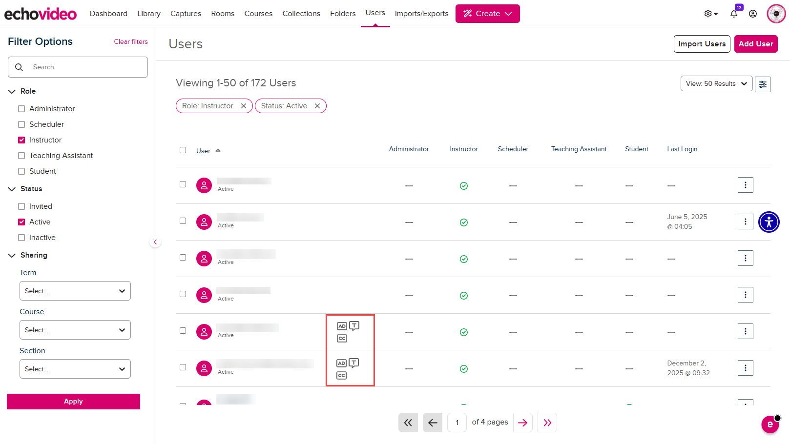 Users Tab with updated Audio Description, Caption, and Transcripts permissions for two users identified as described